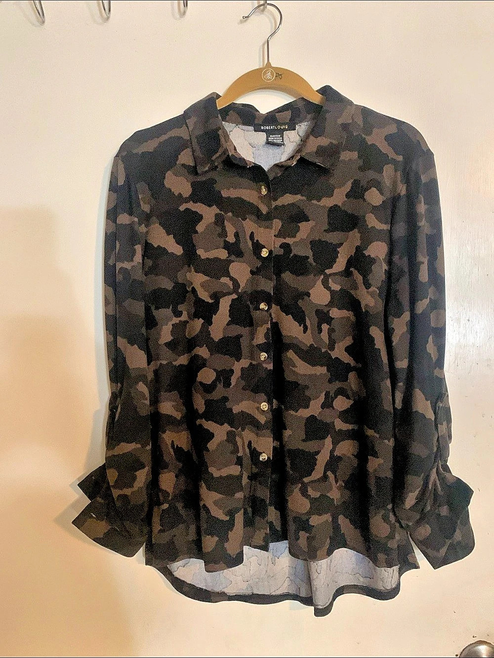 Robert Louis Camo Knit Button Down Shirt in Black & Brown